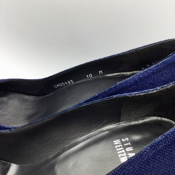 STUART Weitzman Sz 10M Navy Linen Open Toe Pump with Wood 4” Heels - Picture 3 of 13